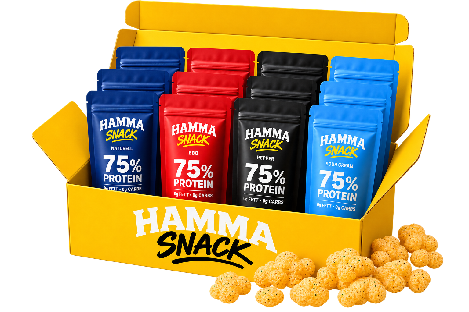 Hamma Snack 12er-Box mit allen vier Sorten: Naturell, BBQ, Pepper und Sour Cream